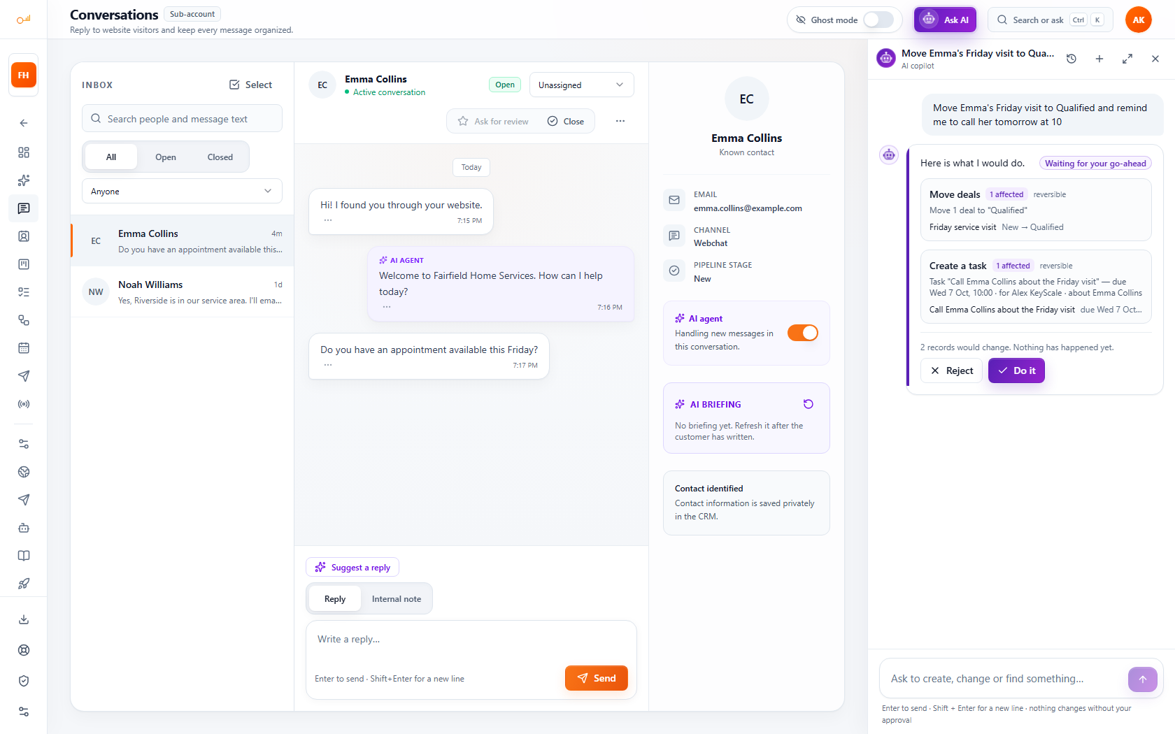 KeyScale demo workspace: the AI agent's reply in a customer chat, and the AI copilot proposing a change that waits for approval